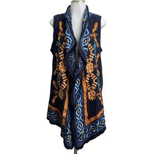 Time for Me Womens Medium Cardigan Embroidered Cotton Tribal Sleeveless Sweater